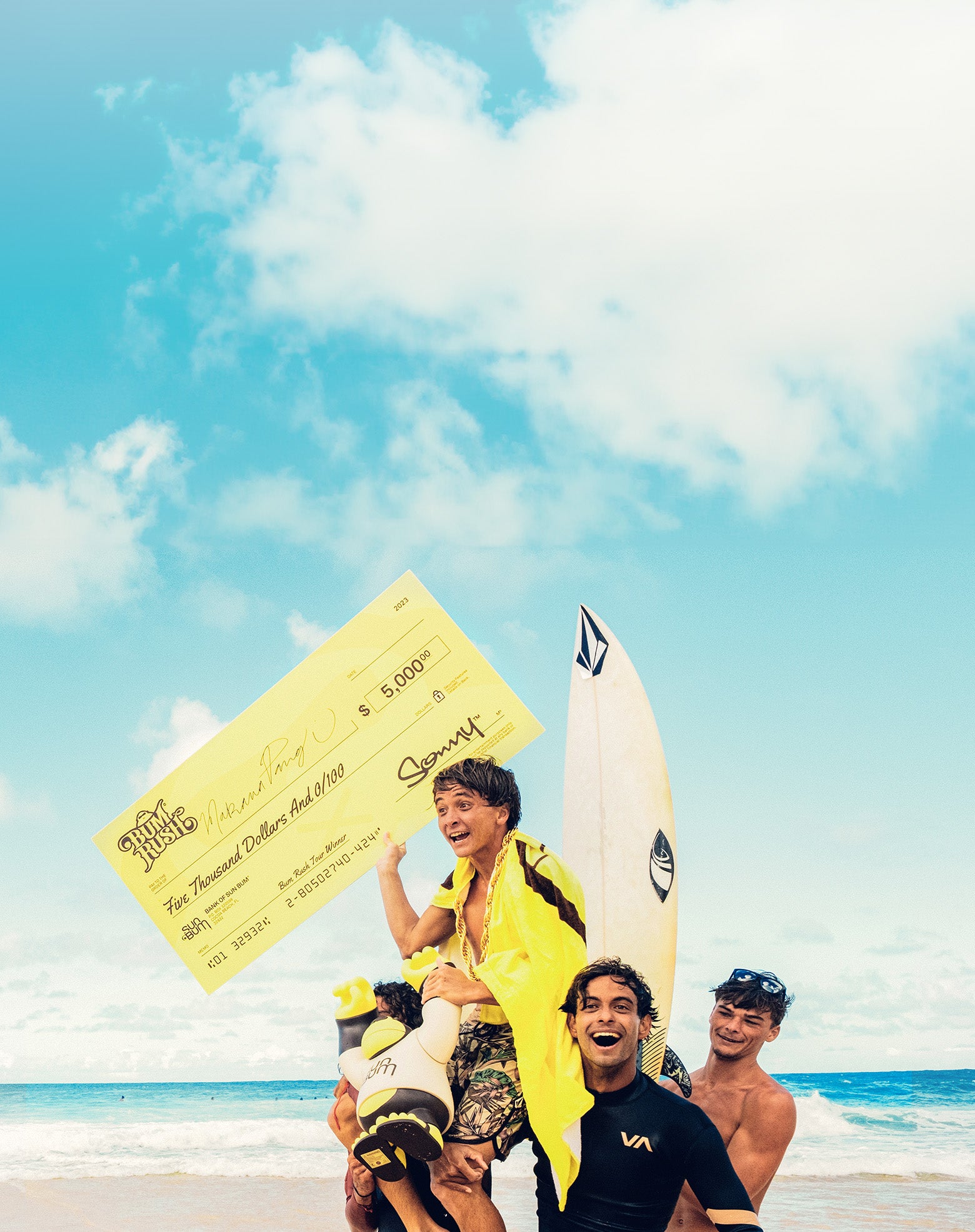 Surfer lifted in celebration holding a $5,000 check at the beach, surrounded by friends - Bum Rush Collection - Sun Bum