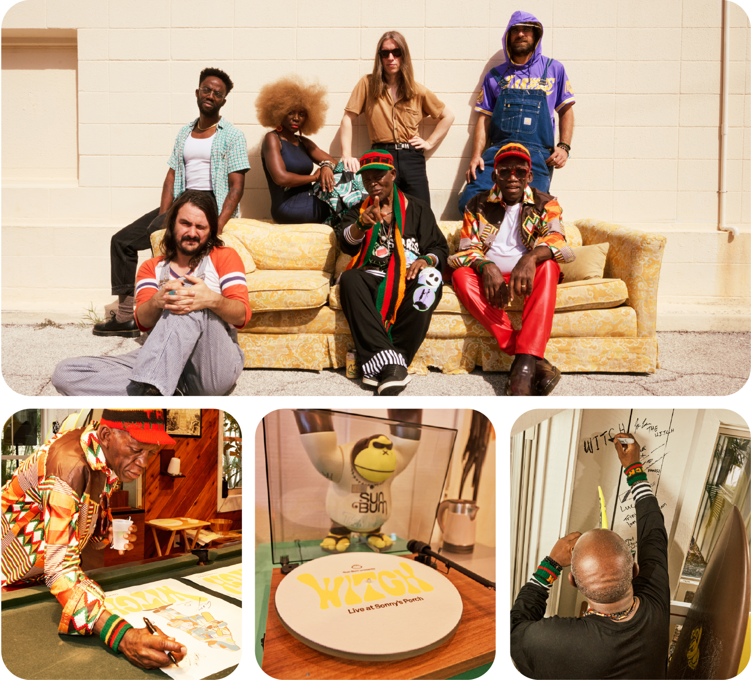 Collage of vibrant moments featuring the legendary band WITCH at Sonny’s Porch. The top image captures the band seated on a vintage yellow sofa outdoors, exuding retro energy with eclectic fashion. The bottom row includes close-ups of band members signing posters, a Sun Bum figurine displayed as part of the event, and a wall of signatures commemorating their visit.