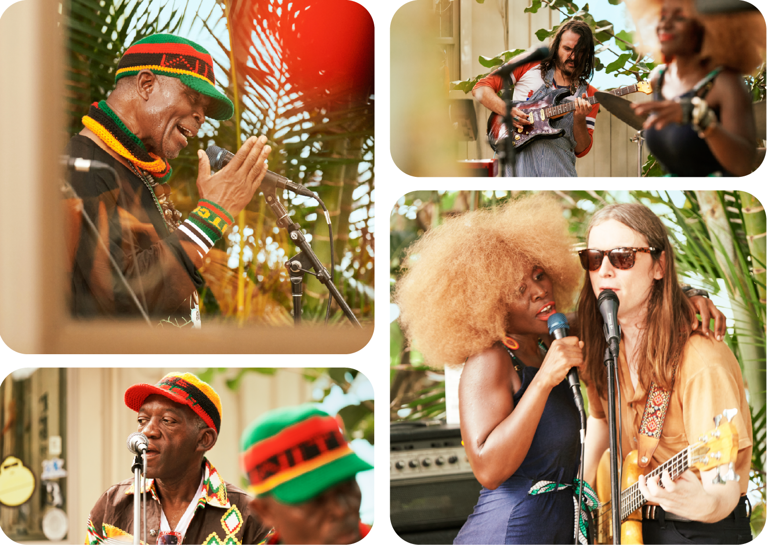 Collage of live performance moments featuring WITCH at Sonny’s Porch. The images highlight the band’s energy and connection: a soulful close-up of the lead singer clapping mid-song, a guitarist in full focus, and a duet of vocalists radiating joy and harmony under lush greenery. Vibrant colors and tropical vibes perfectly capture the essence of this intimate, outdoor jam session.