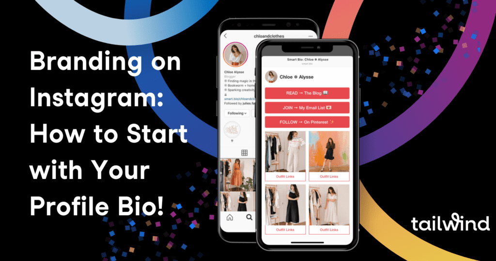 Two smart phones showing an Instagram bio and Smart bio on a black background with the blog post title and the Tailwind logo.