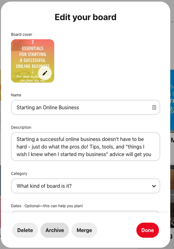 Screenshot of the "edit your board" page on pinterest 