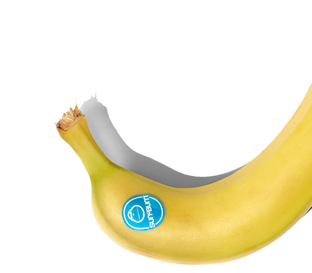 Banana with a blue sticker on a white background
