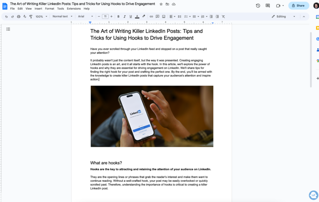 Screenshot of Google Doc blog post draft