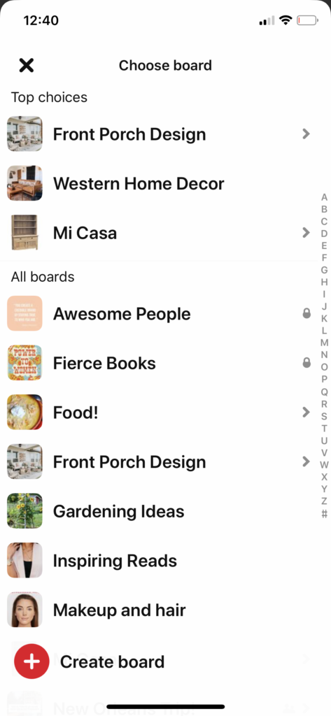 Arrows next to your Pinterest Board Titles indicate there are Sections to add Pins to