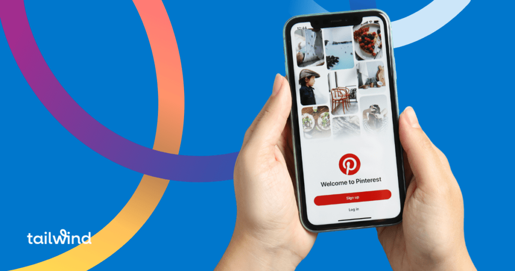 Smartphone screen showing pinterest homescreen on a blue background with the word Tailwind in white font