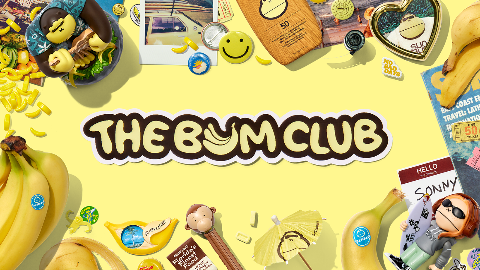 Promotional image for 'The Bum Club' with various products and branding elements on a yellow background.