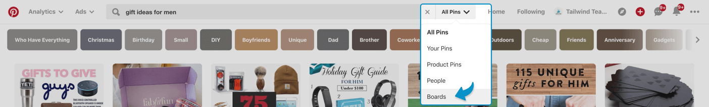 search for Pinterest boards
